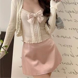 Japanese Kawaii Style Pastel Pink White Ruffle Stretchy Bow Ribbon Tank Top